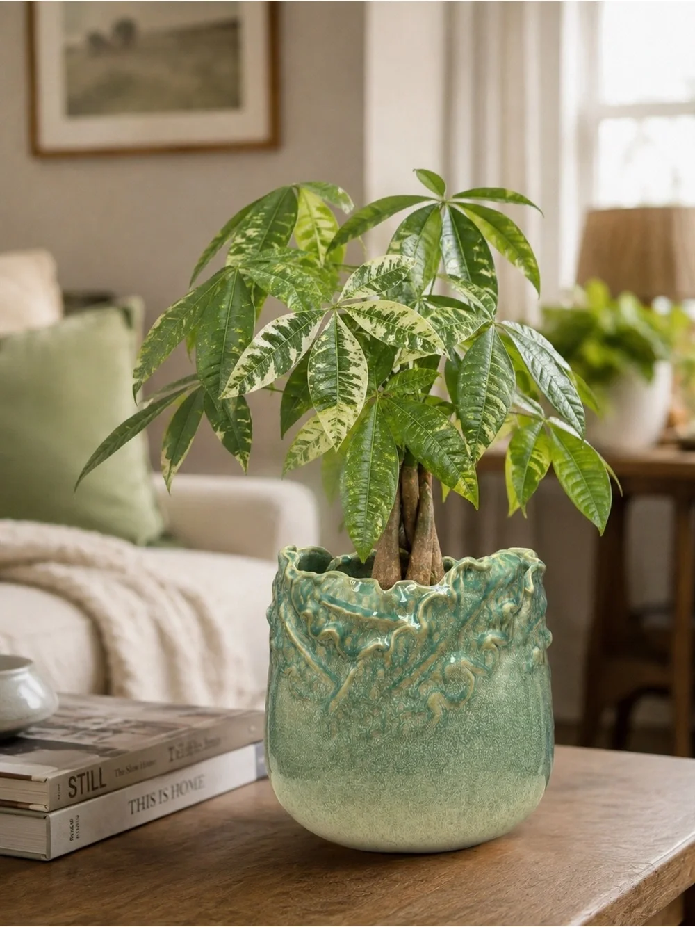 Handmade Ceramic Planter with Drainage Hole, 7x7 Teal Green Glazed Indoor Pot
